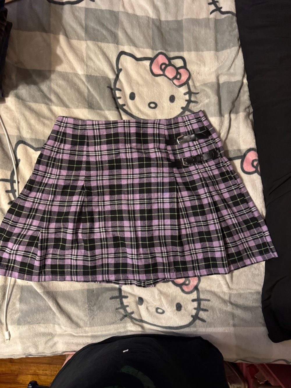SHEIN Lavender and Black Plaid Pleated Mini Skirt with Buckle Detail